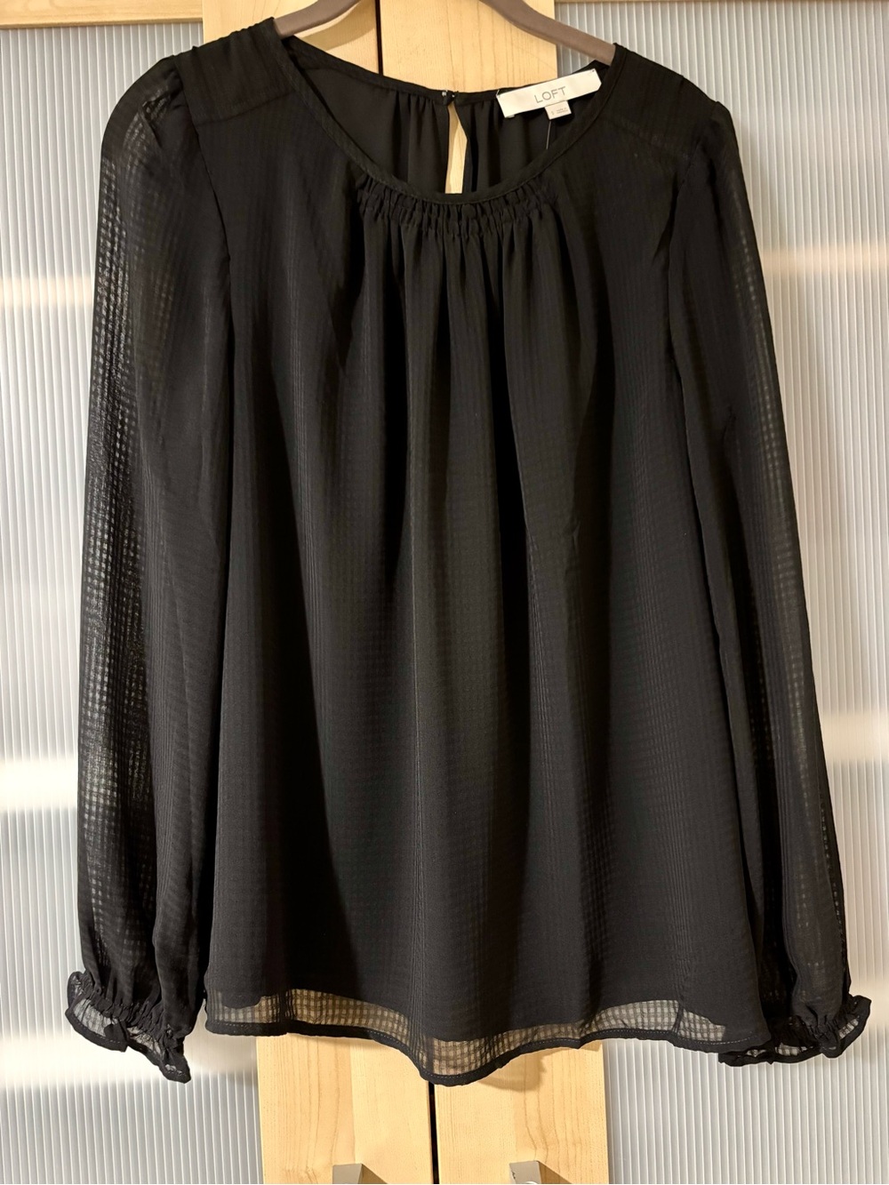 LOFT Black Long-Sleeve Blouse with Sheer Sleeves, S, NWT